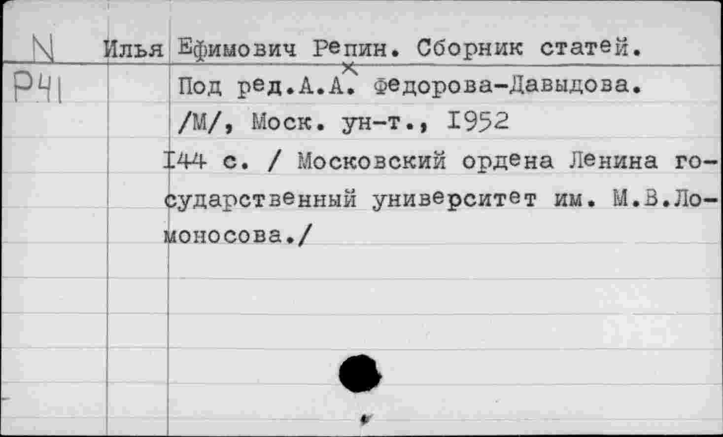 ﻿N 1	Длья	Ефимович Репин. Сборник статей.
РЖ		Под ред.А.А. Федорова-Давыдова.
		/М/, Моск, ун-т., 1952
		Ж с. / Московский ордена Ленина го-
	1 1	:ударственный университет им. М.В.Ломоносова./
		
		
		
		
		г